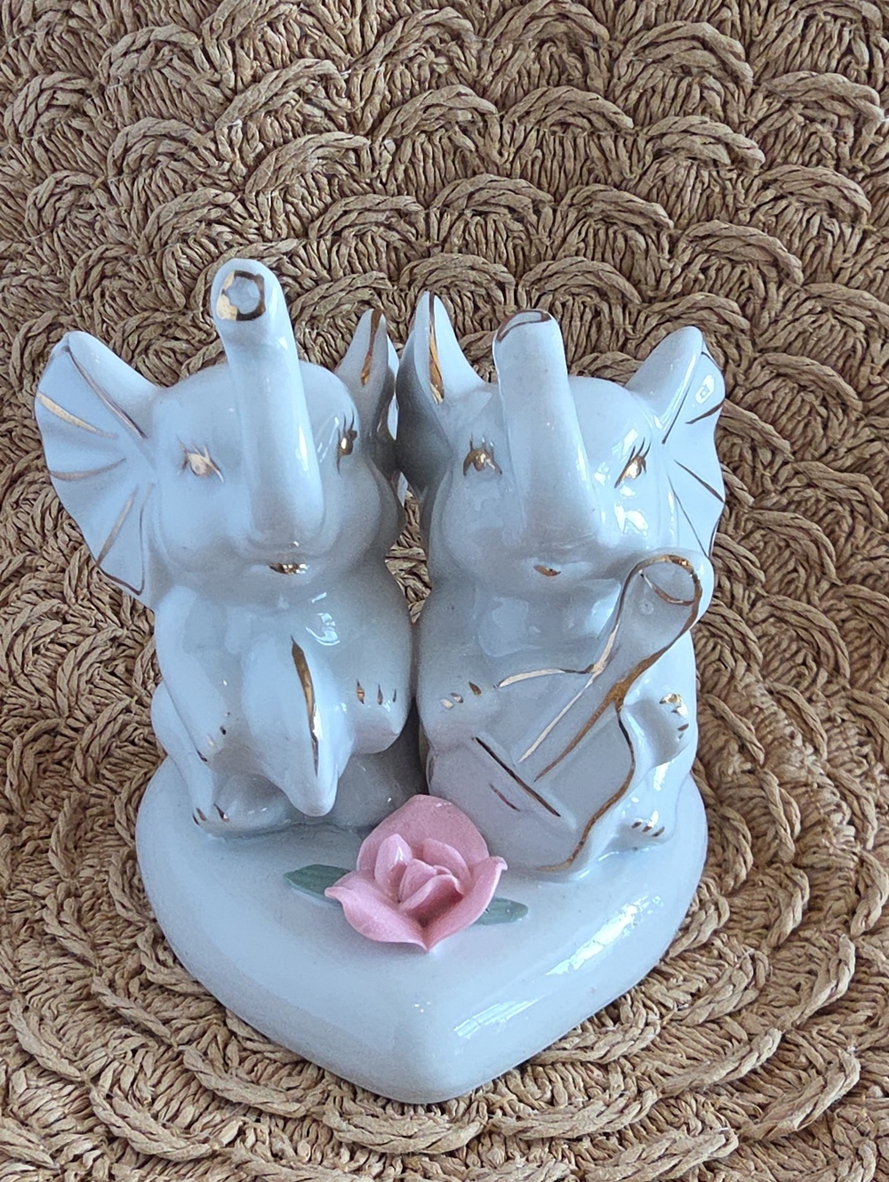 Vintage 1980's White Ceramic Elephants Playing Instruments With Pink Rose